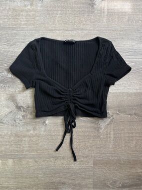 Black Ribbed Drawstring Crop Top - Women